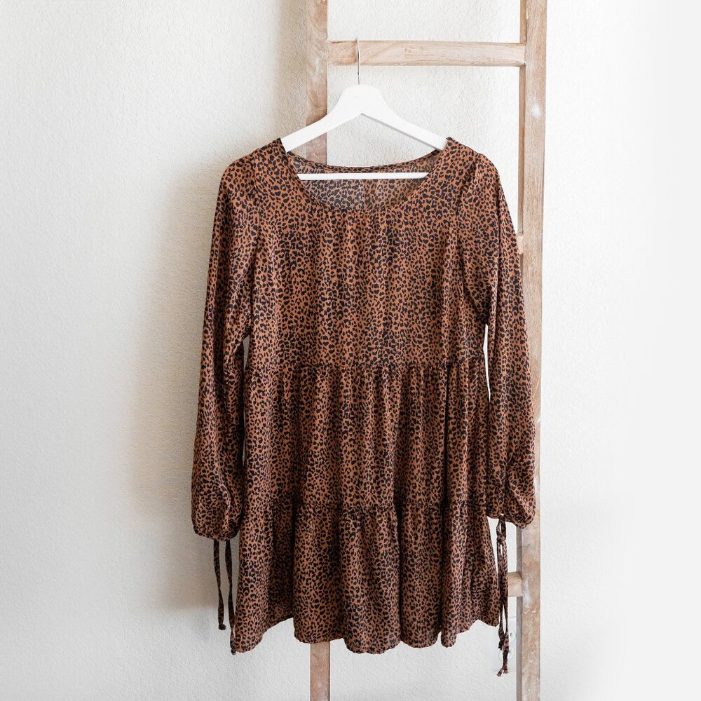Wild Fable Dress Women's Sz S Brown Black Spotted Long Sleeve Tiered Babydoll